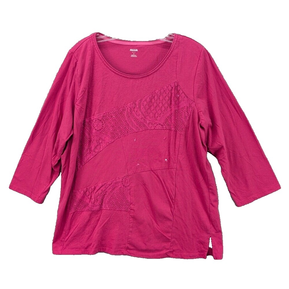 Alia Women's Plus 1X Shirt Top Blouse Pink 3/4 Sleeve Light Crochet Tunic Casual